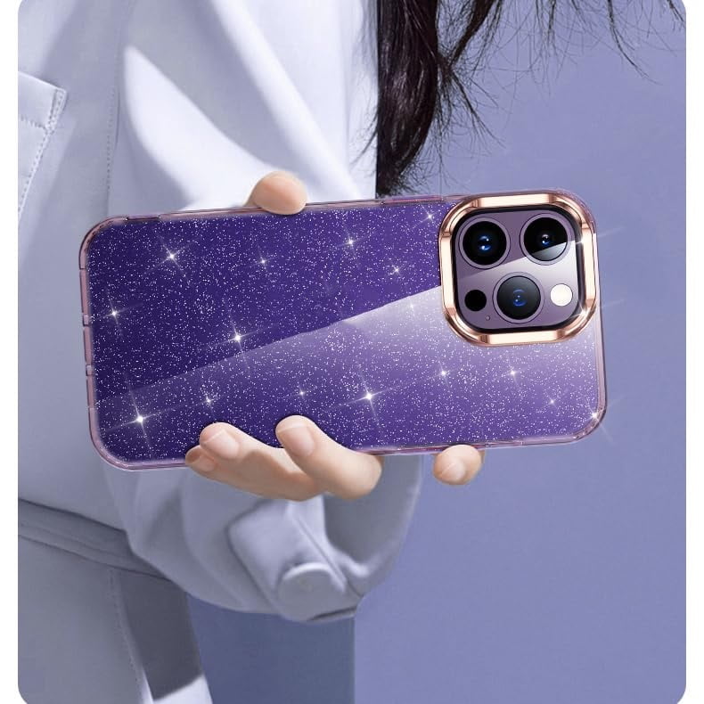Case for iPhone 15/15 Plus/15 Pro/15 Pro Max, Clear Sparkle Phone Case with Electroplated Lens Protective, Support Wireless Charging Cover