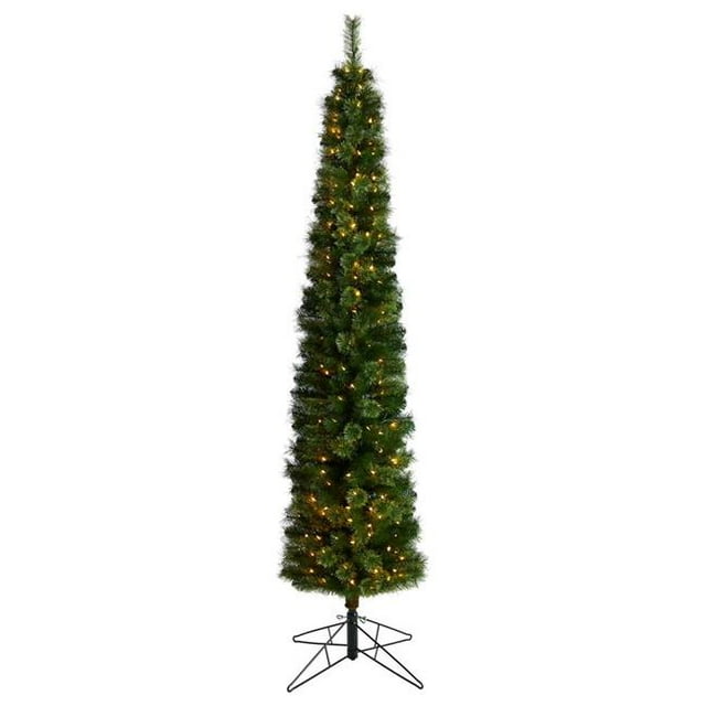 8ft. Green Pencil Artificial Christmas Tree with 200 Clear (Multifunction) LED Lights and 402 Bendable Branches