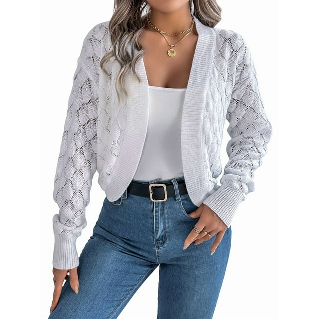 Cardigan Sweaters for Women Crochet Open Front Short Jacket Fall Winter Lantern Sleeve Cover Up White M