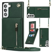 for Samsung Galaxy S21 FE Wallet Case with Card Holder, Crossbody Lanyard Wrist Strap PU Leather Case with Magnetic Clasp Kickstand, Zipper Coin Pocket Back Flip Folio Cover for Women,Green
