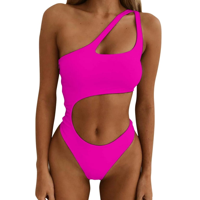 Daznico Womens Swimsuits Women 1 PC One Shoulder Solid Swimwear Cutout High Waisted Bikini Set Swimsuit Bathing Suit Hot Pink L