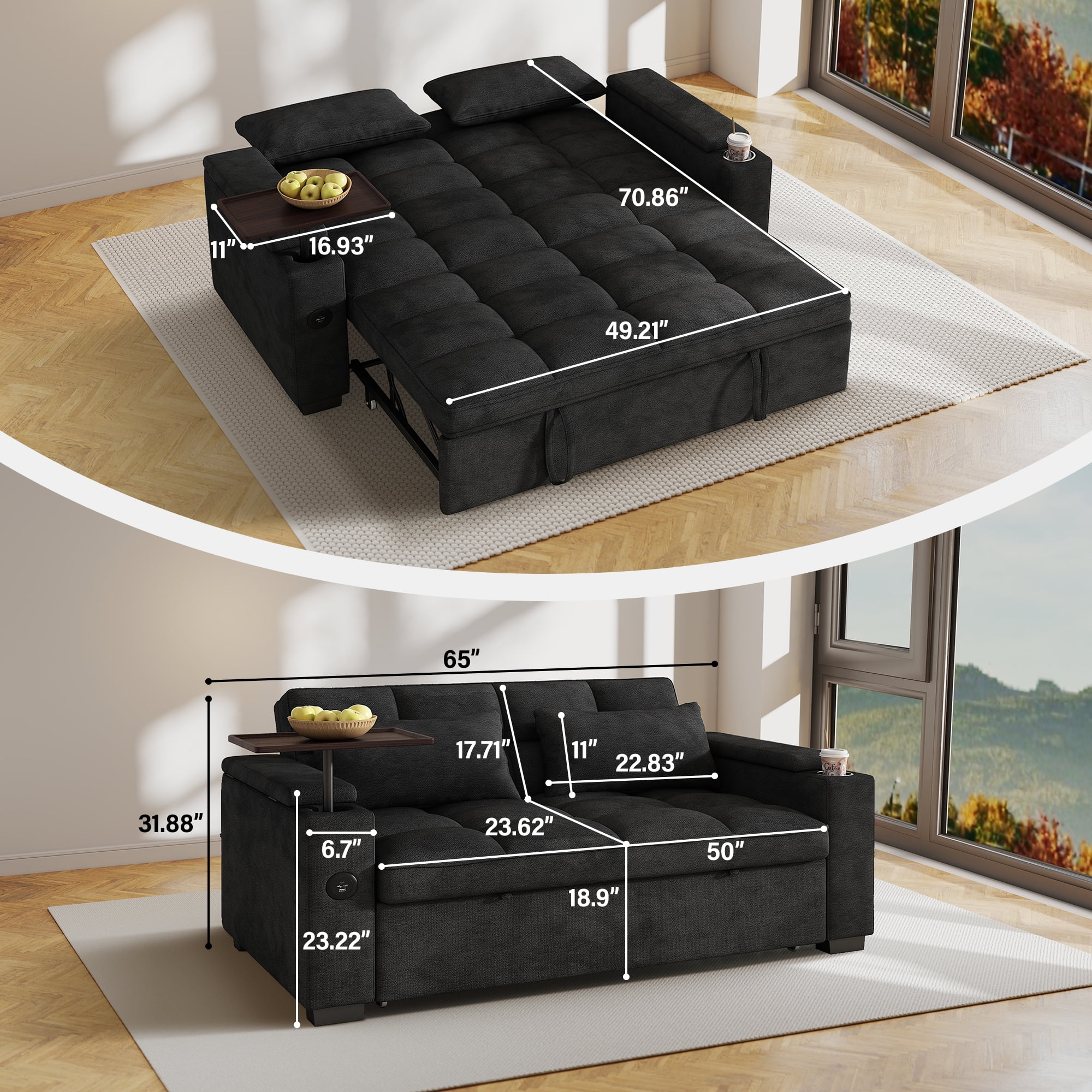 Aukfa 65"W Convertible 3-in-1 Sofa Bed with Storage, Queen Chenille Sleeper Couch with USB/Type-C Ports & Rotating Side Table,Black