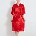 thumbnail image 4 of Defitshape Women's Satin Robe Short Sleeve Bathrobe Knee Length Lightweight Wedding Soft V Neck Bride Silky Sleepwear Red X-Large, 4 of 4