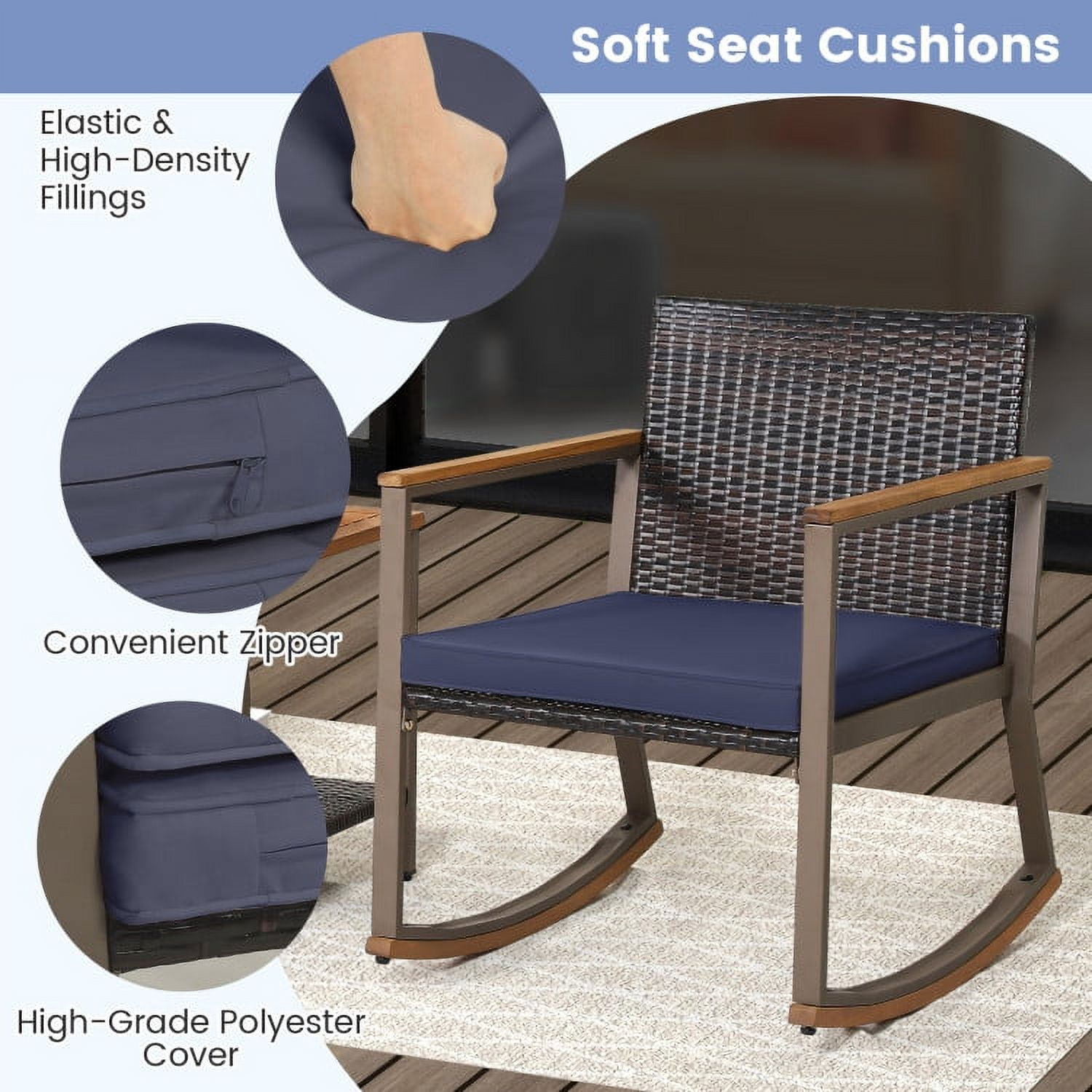 Aimee Lii 3 Pieces Rattan Rocking Bistro Set with Coffee Table and Cushions, Patio Table and Chairs Set, Outdoor Patio Set, Navy