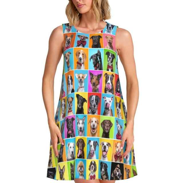 Bixox Robe Sans Manches à Imprimé Collage de Chiens Mignons pour Femmes avec Poches, Robe Débardeur Décontractée Longueur Genou pour l'Été-TTTG