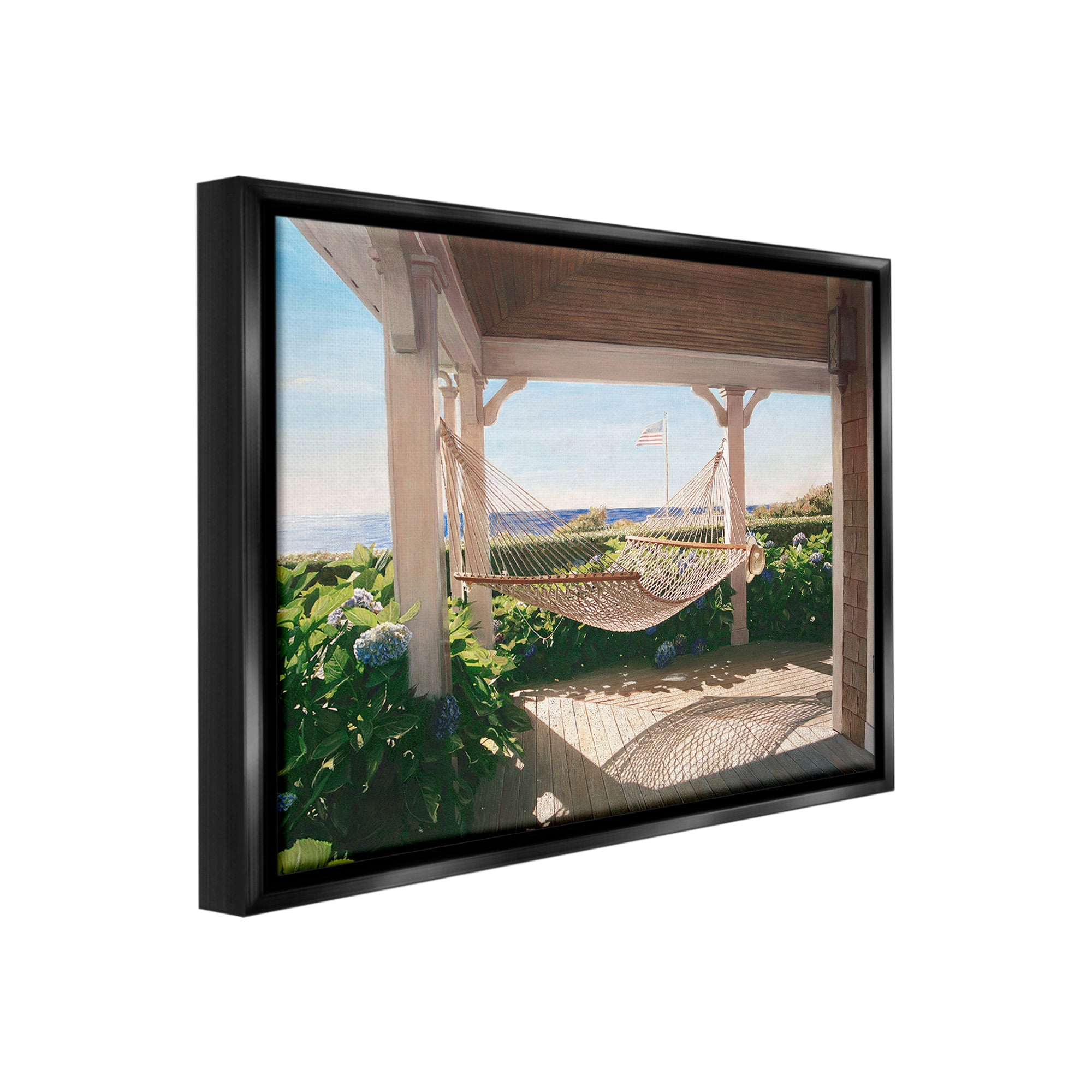 Stupell Industries Hammock & Coastal Porch Landscape Painting Black Floater Framed Canvas Art Print Wall Art, 31 x 25
