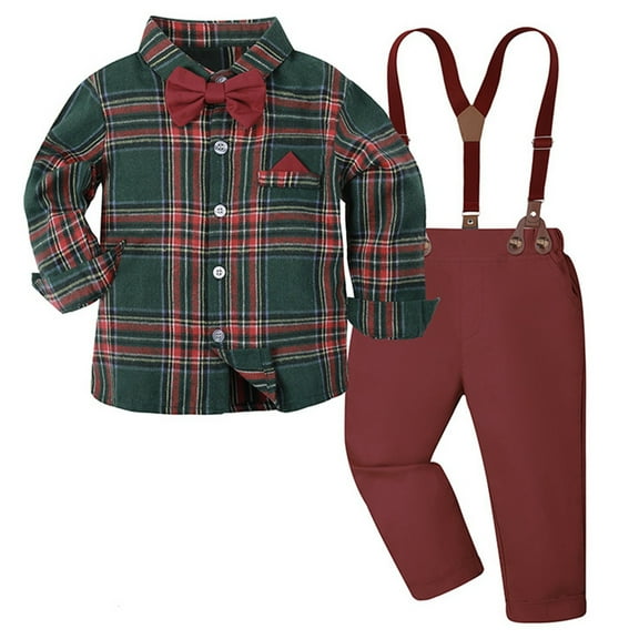 NAFUU Baby Boy Clothes Suits Christmas Toddler Gentleman Outfits Long Sleeve Dress Shirt With Bowtie Suspender Pants Set Boysclothing Sets Cute Winter Clothes 6-7 Years