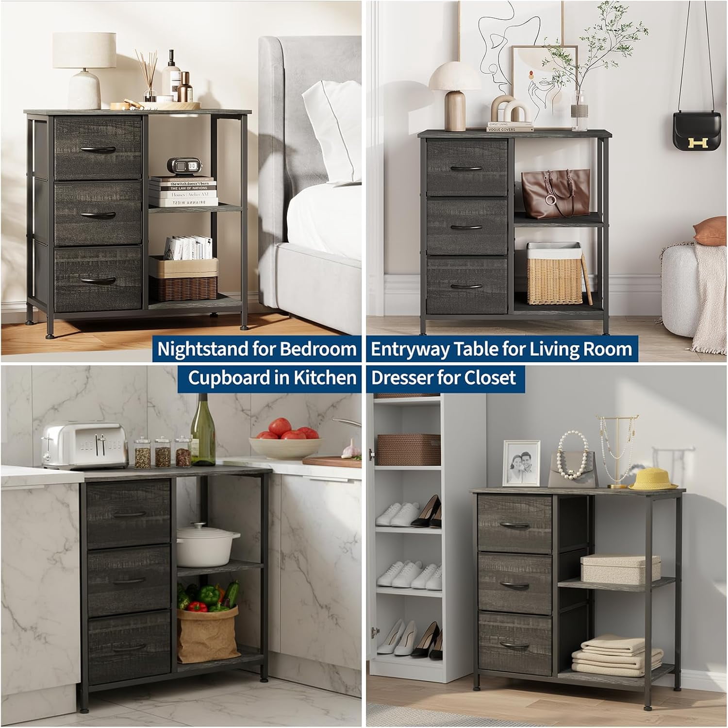 3 Drawer File Cabinet, Printer Stand with 2 Open Storage Shelves, Fabric Filing Cabinet Under Desk Office Organizer for Home Office, Modern Storage Solution, Black