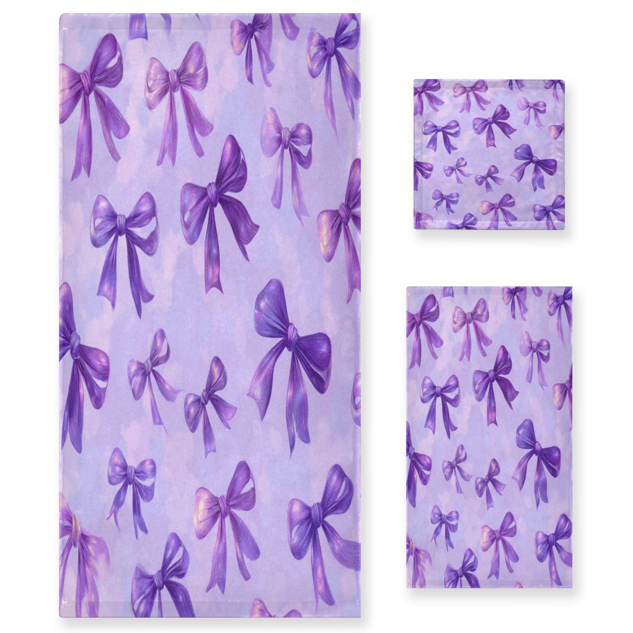 3 Sizes of Towel Sets Including Bath Towel Hand Towel and Washcloth for Daily Use Vibrant Purple Bows Pattern