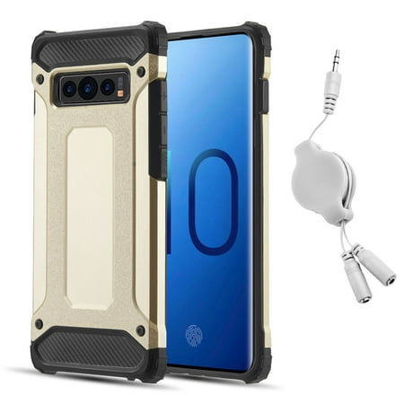 BUNDLE: Rugged Performance Dual Layer Hybrid Case for Galaxy S10 (Gold) & Retractable 3.5mm Headphone Splitter Cable - Slim Port Covers Bumper Corner Protection Shock Absorption Raised Lip Guard