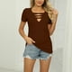thumbnail image 2 of Bienvenido Camiseta de verano de manga corta con cuello en V recortada para mujer Camiseta informal ajustada para la vida diaria Ropa de oficina Marrón L, 2 of 8