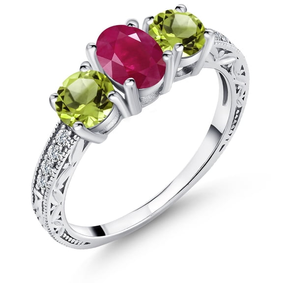 Gem Stone King 2.27 Cttw Red Ruby and Green Peridot 3-Stone Ring for Women | 925 Sterling Silver | Oval 7X5MM and Round 5MM | Gemstone Birthstone (Size 9)