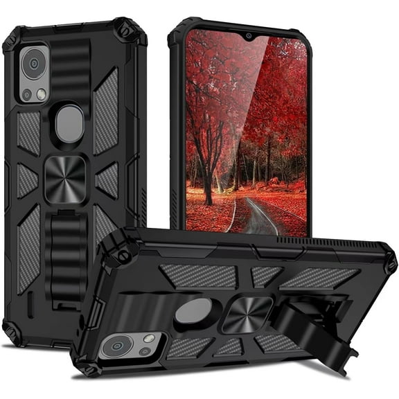 Thousandgear Customerfirst Compatible for Cricket Icon 5 (5th Version), At&t Motivate 4 (4th Version) w/Tempered Glass Screen Protector Car Mount Ready Kickstand Shockproof Hard Phone Case (Black)