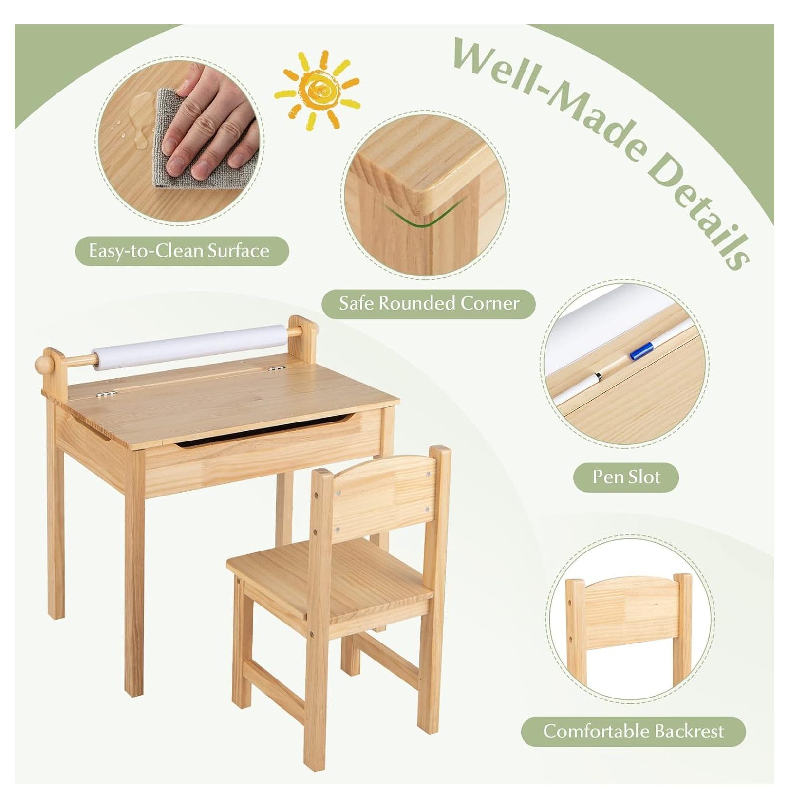 Kids Activity Table Set with Paper Roll Holder and Pen Slot, 21" x 13.5" x 7", Natural 1