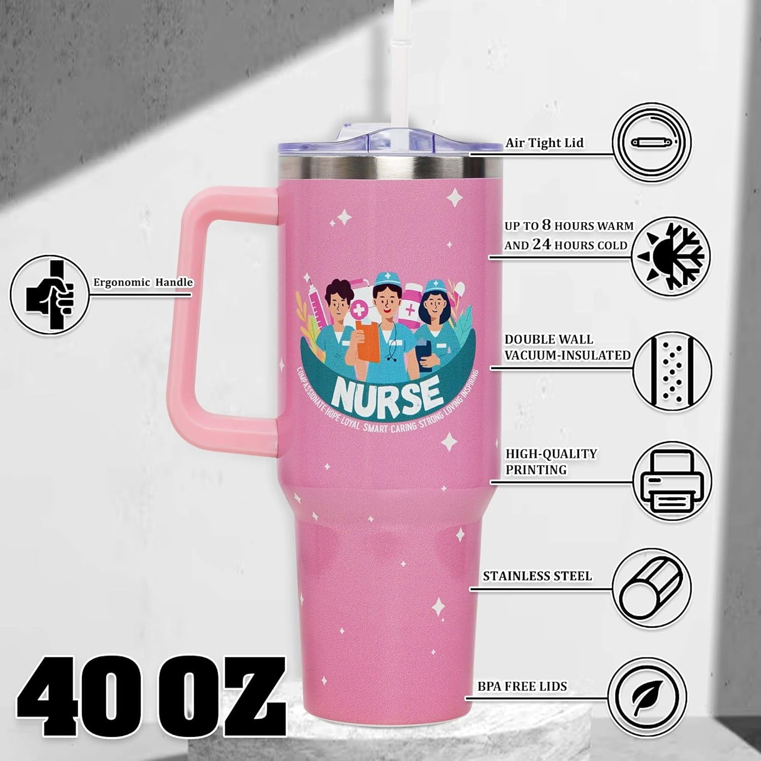 Nurse Gifts - Nurse Gifts for Women, 40 oz Tumbler with Handle and Straw, Insulated Stainless Steel Travel Mug, Nurses Week Gifts, Nurse Appreciation Gifts, Gifts for Nurse,New Nurse Gifts