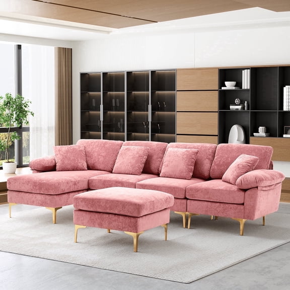 Rophefx 114" Velvet U Shaped Sectional Sofa with Chaise & Ottoman, 4 Seater Deep Seat Modular Couch with Washable Covers for Living Room Apartment,Pink