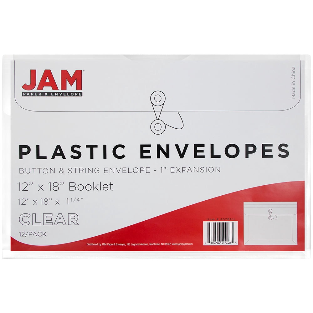 JAM Paper Plastic Envelopes, 12 x 18, Clear, 12/Pack, Button String, Booklet