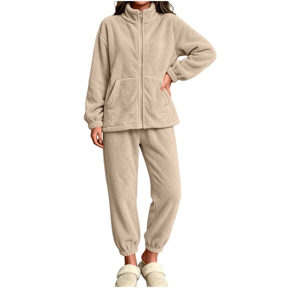Edvintorg Women's Sleepwear 2 Piece Pajamas Long Sleeve Zip Up Top and Pant with Pocket Fleece Lounge Sets for Women Beige M