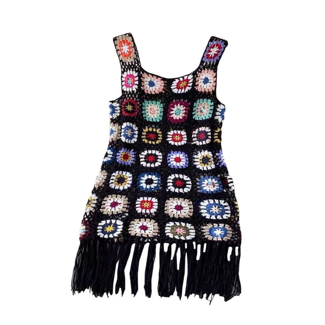 Robe de Plage pour Femmes en Crochet Colorée Sans Manches Ajourée à Franges