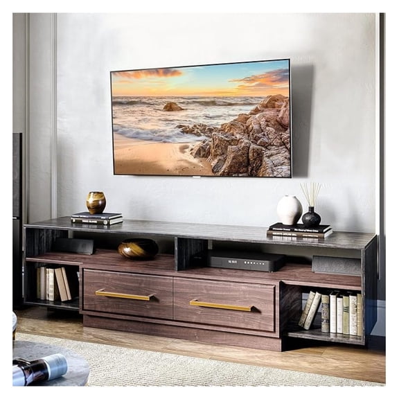 70" -Century Modern TV Stand with Open Shelves and Drawers, Entertainment or Media Console for TVs Up to 75" - Kamari (Dark Walnut)