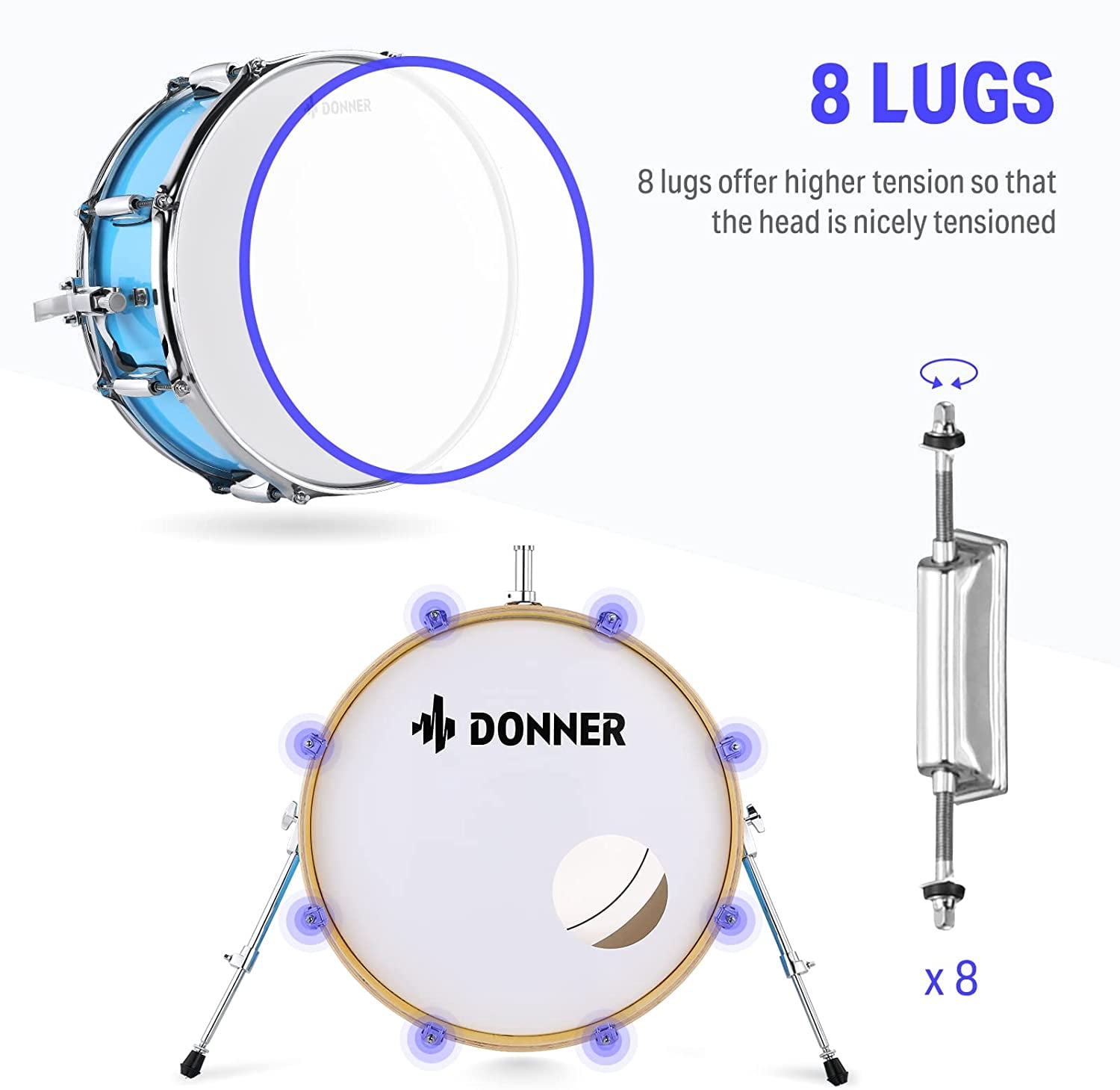 Donner 5-Drum Set with Built-in Silencer System for Adult, Complete Junior Drum Kit, Professional Drum set, Blue