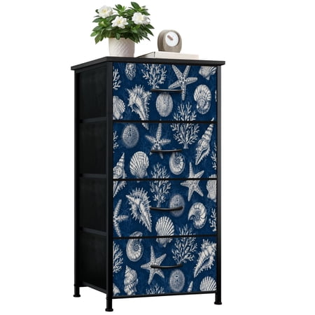 Dresser for Bedroom with 4 Storage Drawers Nautical Blue White Seashells Coral Marine Life Dressers Chest of Drawers Steel Framed Fabric Closet Organizers for Dorm Entryway