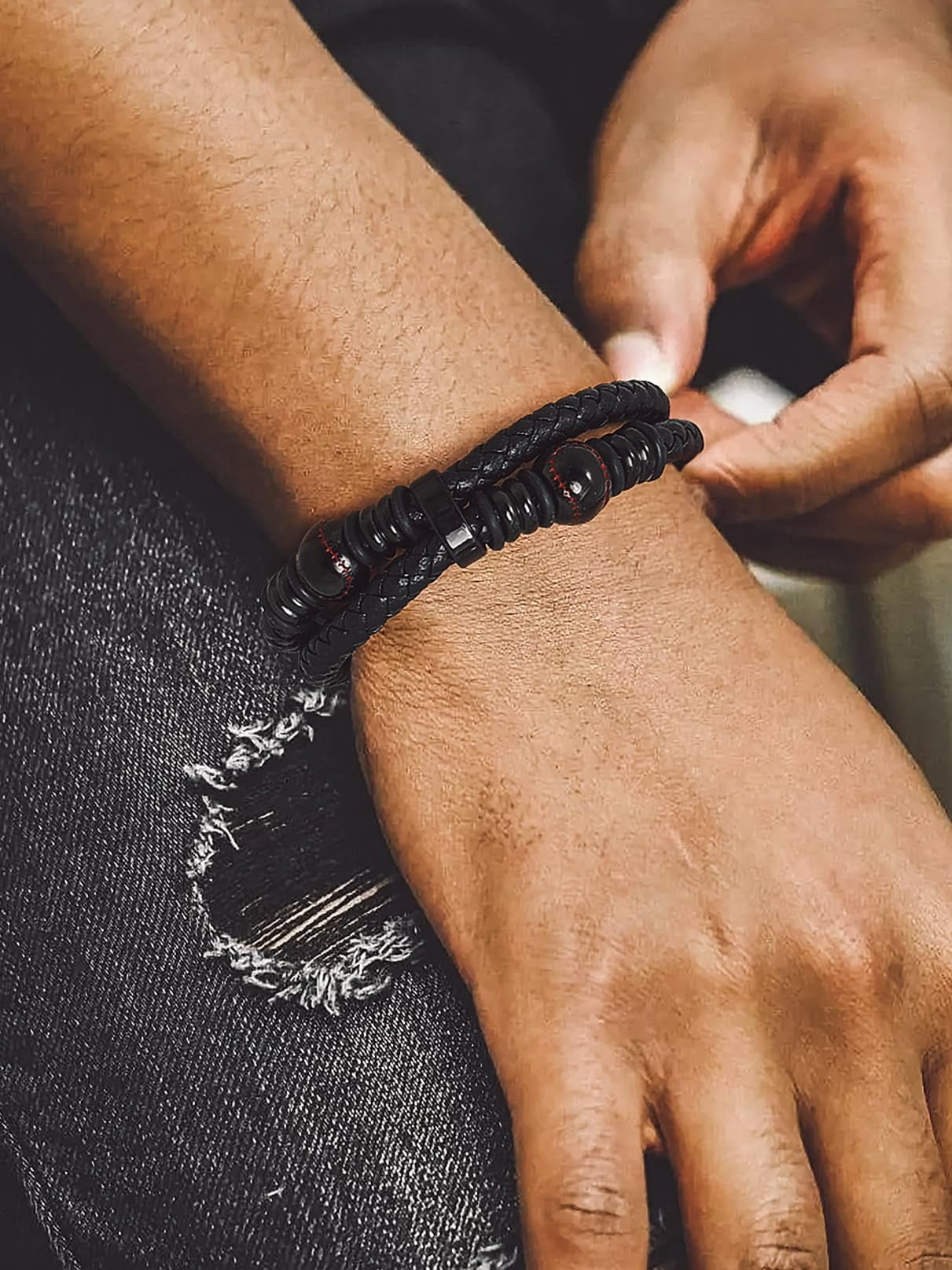 Bandmax Men's Stainless Steel Baseball Beaded Bracelet Double Leather Braided Bracelet Cool Black Wristband with Baseball Bead Charm for Men Boyfriend Husband Father Son