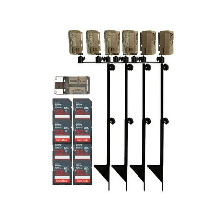 Muddy Dual Camera Ground Mount with Threaded Receiver (Black 4-Pack) Bundle with 8 x 32GB 100MBPS Memory Card and 4-In-1 USB Card Reader (13 Items)
