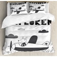 thumbnail image 1 of Explore Duvet Cover Set Queen Size, Hand Drawn Bunny in a Plane Monochrome Arrangement with Little Explorer Quote, Decorative 3 Piece Bedding Set with 2 Pillow Shams, Black White, by Ambesonne, 1 of 3
