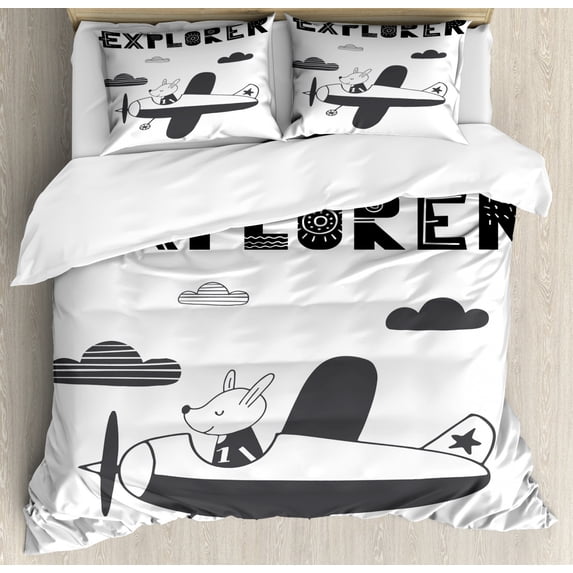 Explore Duvet Cover Set Queen Size, Hand Drawn Bunny in a Plane Monochrome Arrangement with Little Explorer Quote, Decorative 3 Piece Bedding Set with 2 Pillow Shams, Black White, by Ambesonne