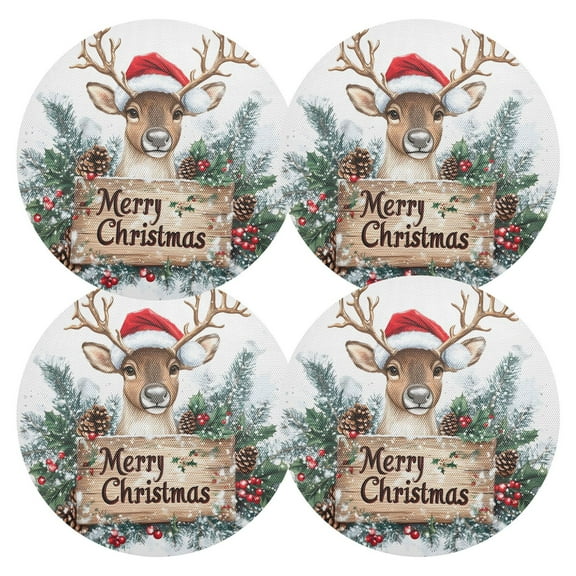 Ryvnso Christmas Reindeer Round Plate Mats Dining Table Placemat Set of 4 for Holiday Decoration