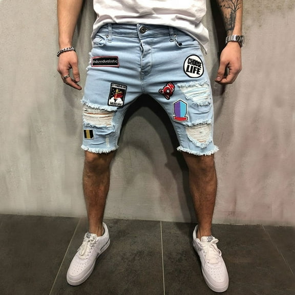 LoyisViDion Mens Pants Clearance Men Cotton Distressed Denim Shorts Ripped Jeans Casual Holes Pants Summer Short Blue 33(XL)