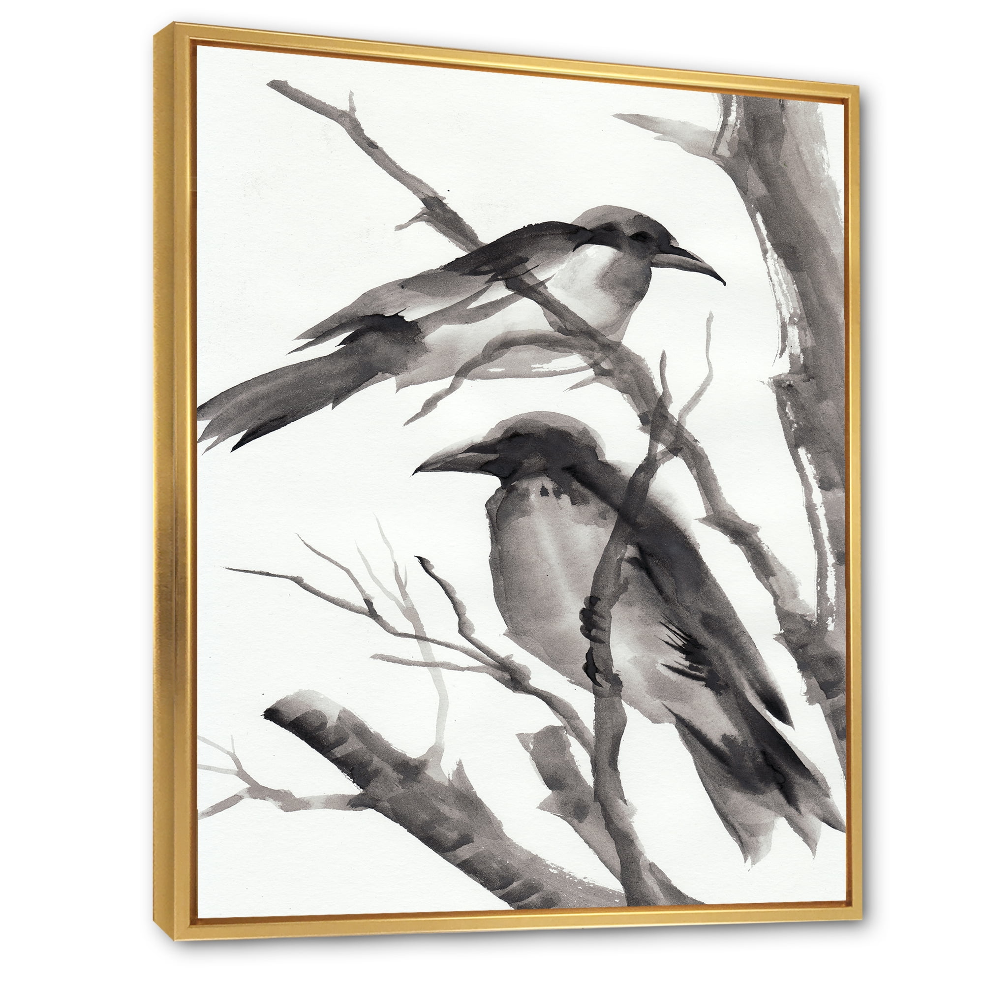 Designart 'Vintage Black and White Sleeping Crows' Traditional Framed Canvas Wall Art Print