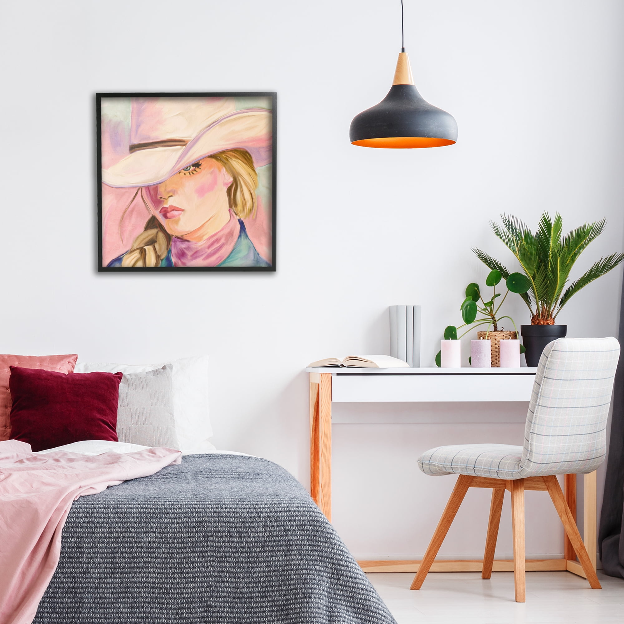 Pastel Cowgirl Gaze Beneath Hat Black Framed Giclee Art, design by Kim Allen