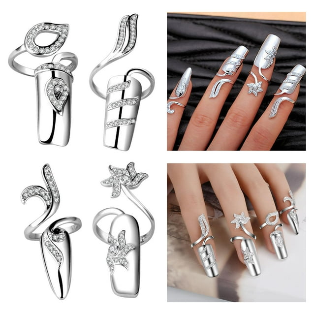 Paquete de 4 anillos de cubierta de protección de uñas de aleación ajustable con de imitación de cristal para Ladies Plata