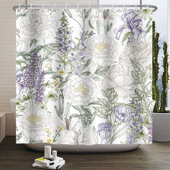 MIZHONA White Purple Shower Curtain,Rustic Peony Flower Bathroom Curtain 72x72 Inch