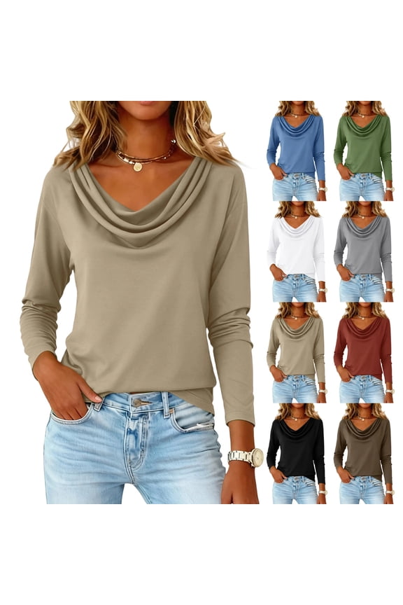 Women's Long Sleeve Cowl Neck Sweater Pullover Turtleneck Casual Loose Sweatshirts Tunic Tops, Khaki M