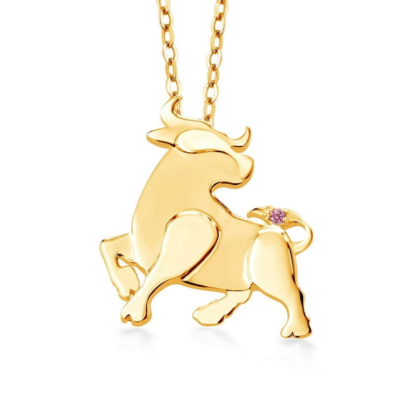 Gem Stone King 18K Yellow Gold Plated Silver Pink Lab Grown Diamond Ox Pendant Necklace for Women By Keren Hanan with 18 inch Chain