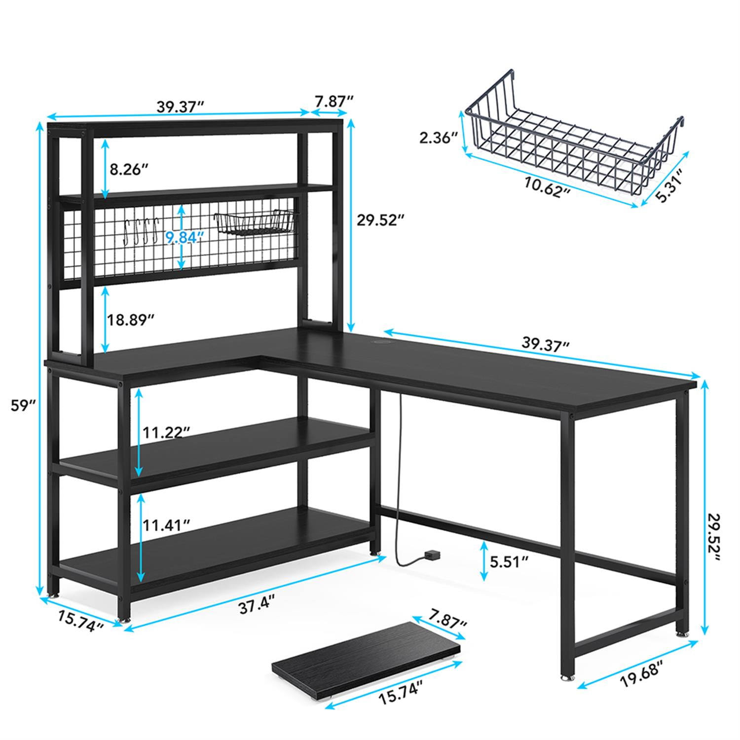 Demi Bonn 55" Computer Desk with Wireless Charging, Office Desk with Shelves, Reversible L-Shaped Gaming Desk, Corner Desk with Storage, Work Desk, Black