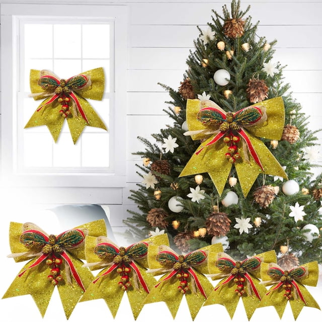 Lazos Navideños Decorativos | Colgante de Lazo Amarillo de Plástico | 18 X 17 Cm | Ideal para Envolver Regalos, Decoración Navideña y Como Adorno para El Árbol de Navidad | 1 Lazo