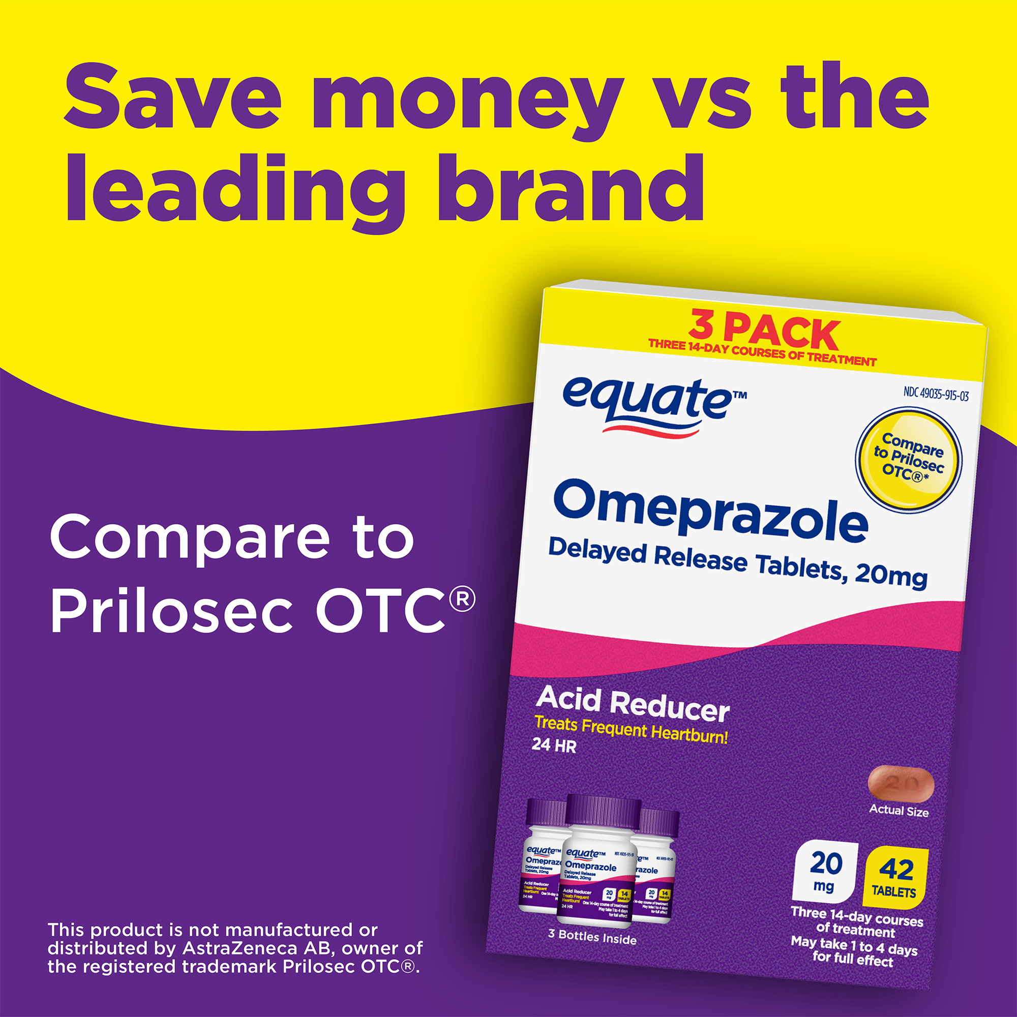Tabletas de Omeprazol 20mg de Liberación Retardada Equate, Reductor de Ácido para Acidez Frecuente, 42 Unidades, Comparar con Prilosec OTC 3