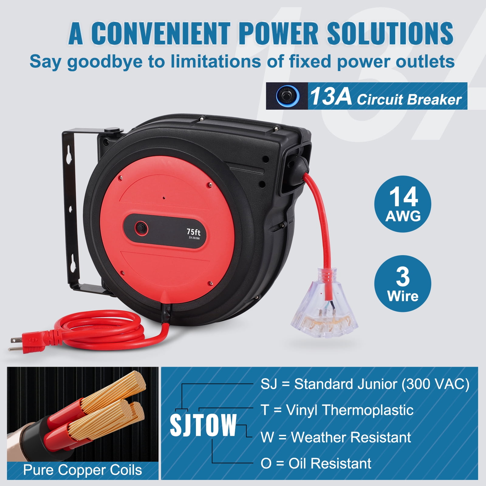 KFFKFF Retractable Power Cable Reel, 75 FT, Durable 14AWG/3C SJTOW Extension Cord with Illuminated Triple Outlet, 13 Amp Safety Circuit Breaker, 180° Rotatable Bracket for Wall ,Ceiling Installation