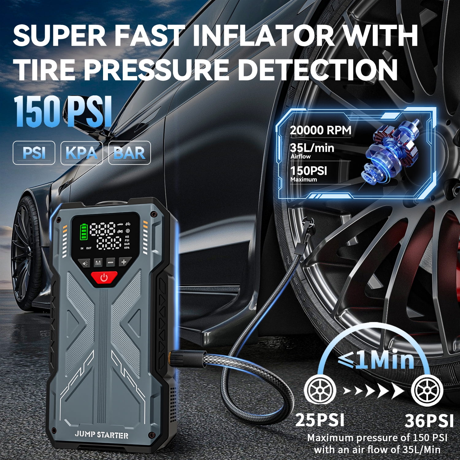 Geeneu Jump Starter with Compressor, 6000A Jump Box Car Battery Charger, Portable Jumper Starter Power Pack (8.0L Gas/6.5L Diesel),Rodeside Emergency Kit for Vehicle/Motorcycle Combo Tire Inflator