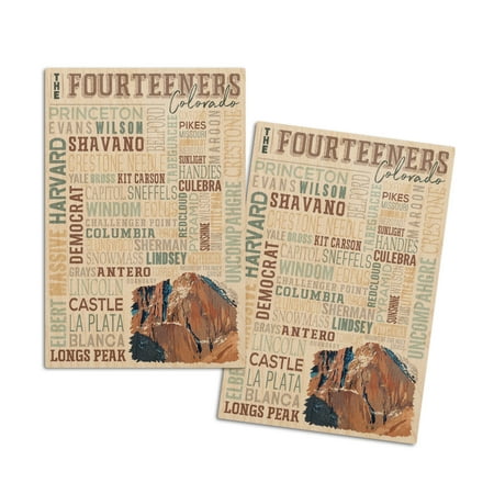 

The Fourteeners Colorado Mountain and Peak Names Typography (4x6 Birch Wood Postcards 2-Pack Stationary Rustic Home Wall Decor)