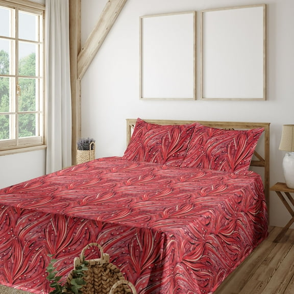 Ambesonne Abstract Fitted & Flat Sheet with Shams 4 Pcs Set, Leaf-Like Whimsical Lines, King, Dark Coral and Champagne