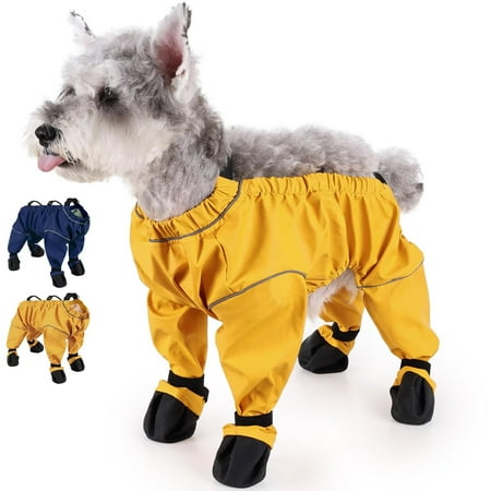 SENIURIS Dog Waterproof Rain Suspender Boots  Anti-Slip Shoes Reflective Paw and Belly Protector Winter Snow Pants. (Yellow S)