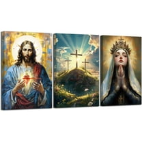 Hieng Sacred Heart Wall Art 3 Pieces Jesus Mary Portrait Pictures Christian Catholic Canvas Prints Cross Dove of Peace Paintings for Church Decor Unframed
