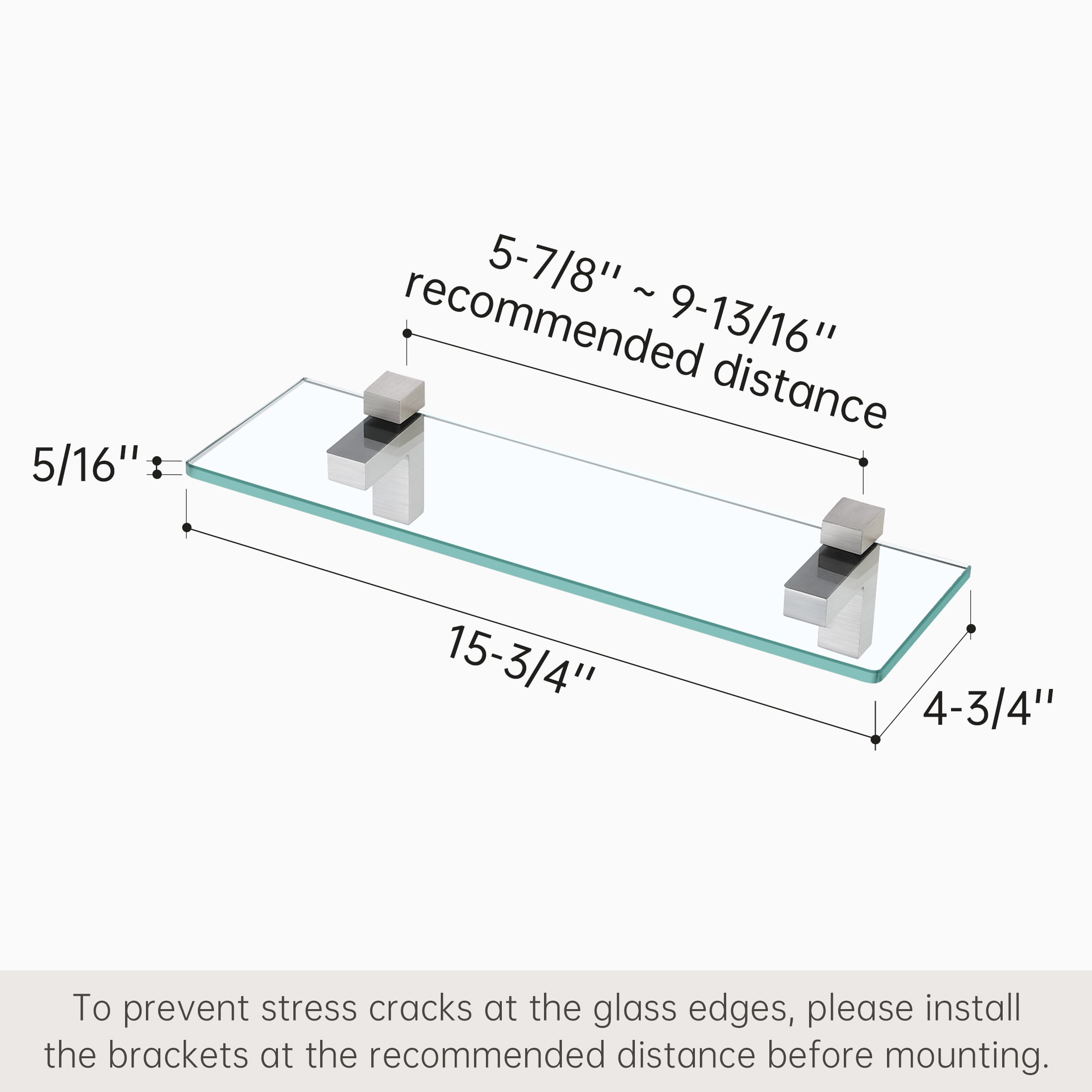 KES Glass Shelf for Bathroom, Floating Glass Bathroom Wall Shelf 8mm Rectangle 15.8-Inch Brushed Nickel Bracket 2 Pack, WMBS001S40BNP2