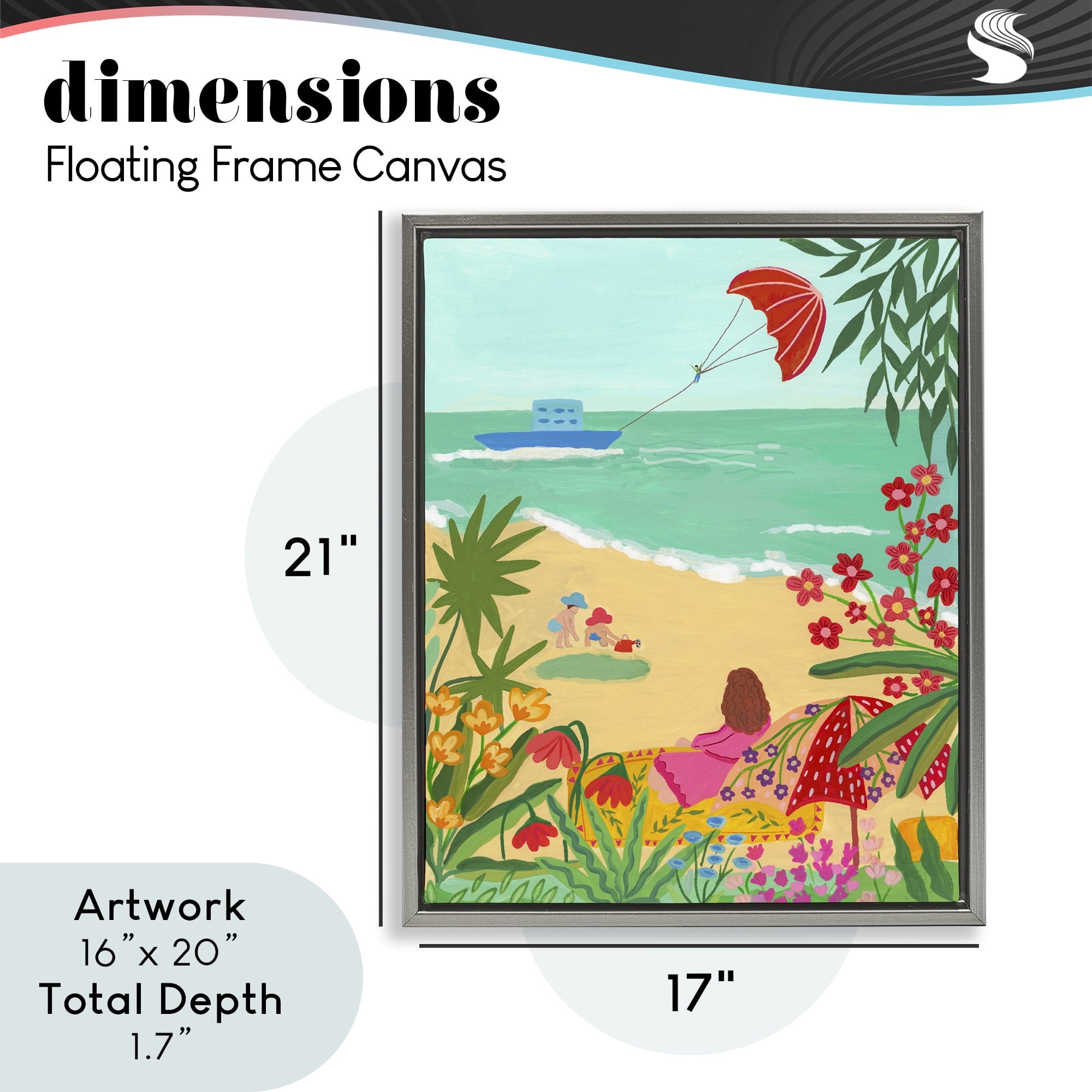 Beach And Flowers View Gray Framed Floater Canvas Wall Art, design by Nabeela Rumi