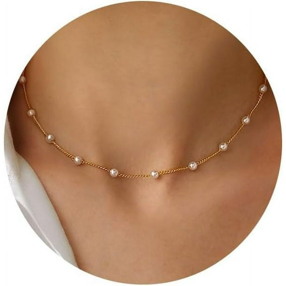 Gold Pearl Necklaces For Women 14K Gold Plated Handmade White Pearl Choker Necklace Dainty Small Tiny Beaded Pearl Strand Chain Necklace Delicate Single Wedding Prom Bridal Jewelry Gift[o49]